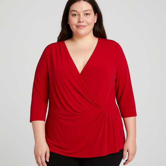 Lane Bryant Red Faux Wrap Top Plus Size 22/24 3/4 Sleeve Draped V-Neck Stretch - Picture 1 of 9
